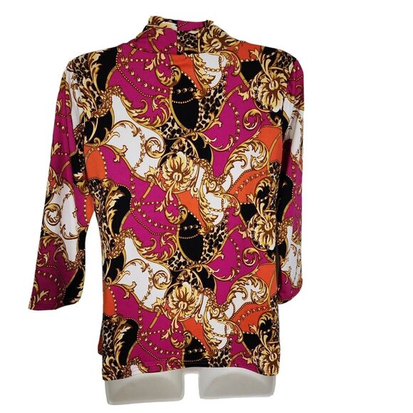 Tiffany & Grey Petite Womens Top Medium 3/4 Sleeve Multicolor Built In Scarf Tie - Picture 2 of 7